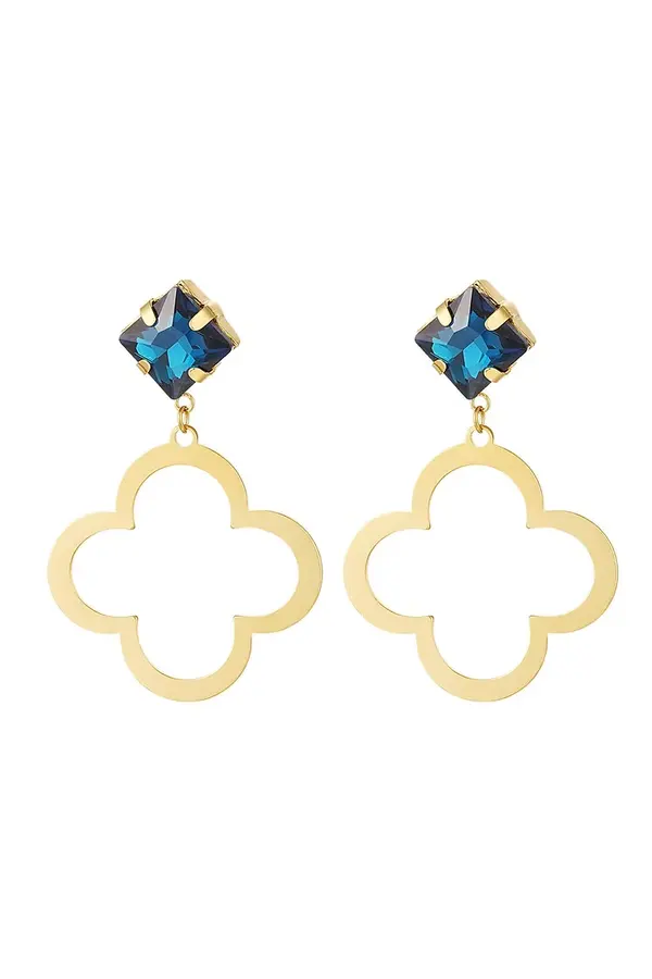 Klaver oorbellen met glaskralen blauw & gold stainless steel