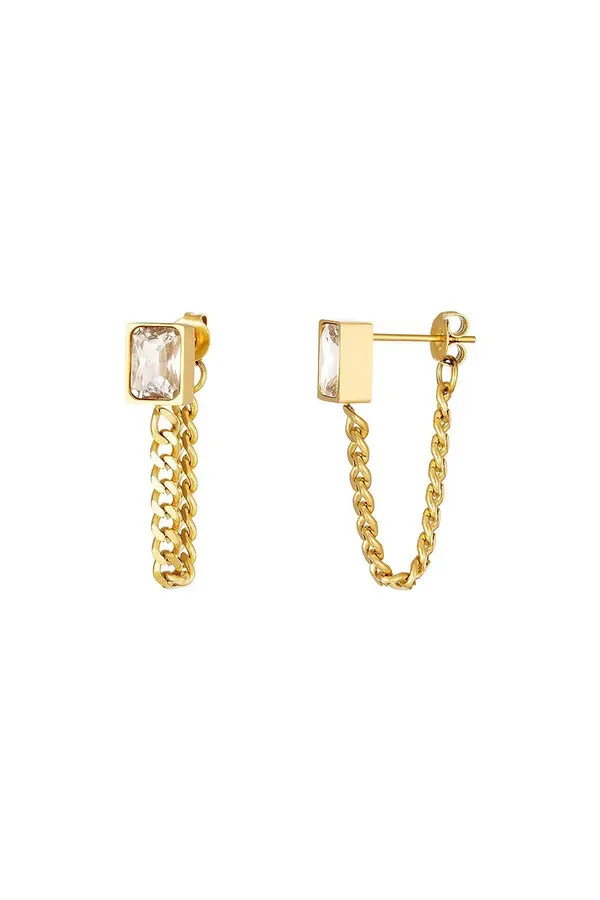Oorbellen met ketting en zirkoon goud stainless steel