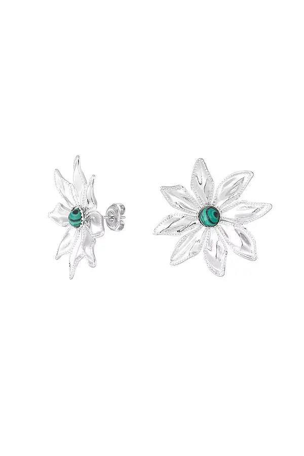 Oorstekkers bloem met steen - zilver/ groen